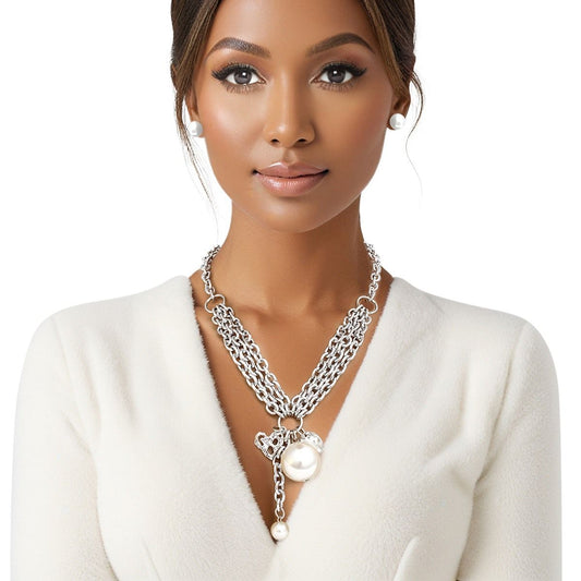 Charm White Pearl Silver Cable Chain Necklace Set