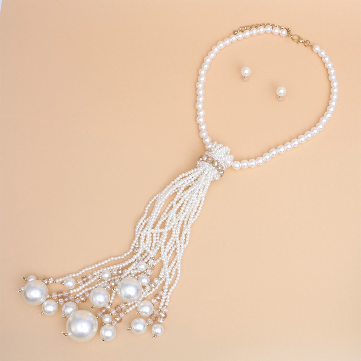 Necklace Cream Pearl Long Tassel Set for Women