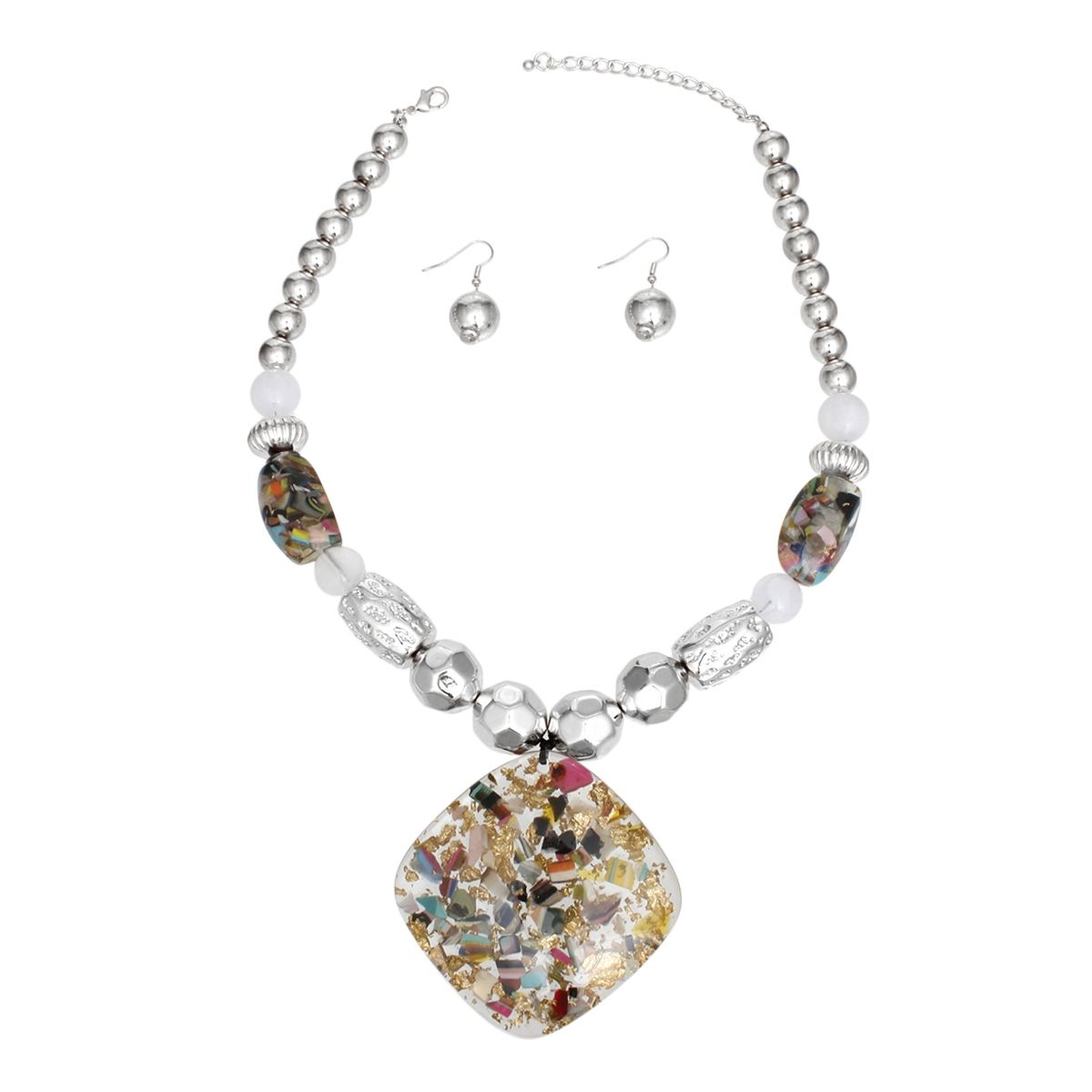 Necklace Silver Bead Multicolor Resin Pendant Set