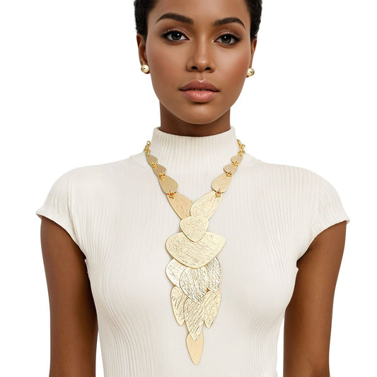 Bib Gold Scratched Metal Plate Edgy Necklace Set