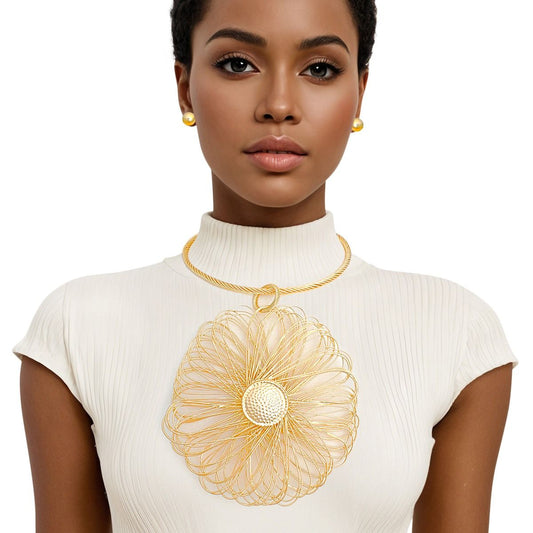 Necklace Gold Sunflower Large Pendant Set Women