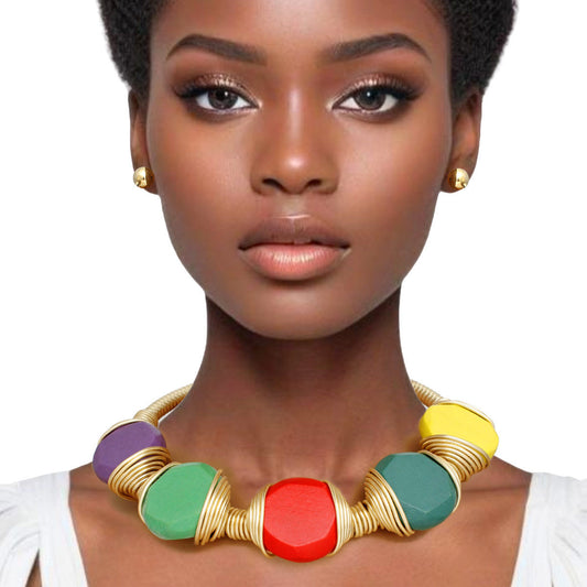 Necklace Multicolor Wood and Wire Heavy Collar Set