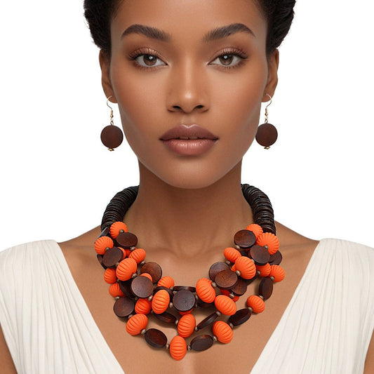 Necklace Orange and Coconut Wood Bead Set Women