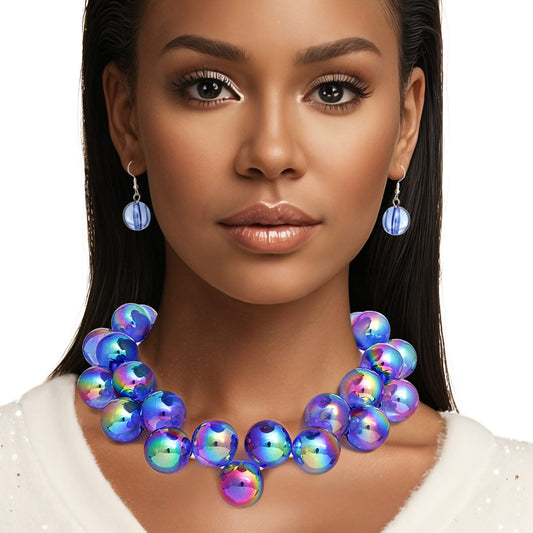 Necklace Blue Iridescent Bubble Ball Bead Set