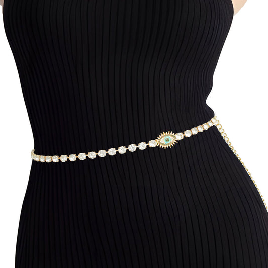 Rhinestone Belt Gold Evil Eye Chain Belt for Women