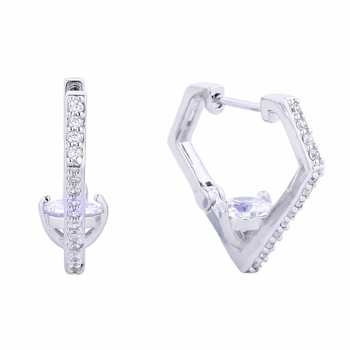 14K White Gold CZ Diamond Huggie Hoops