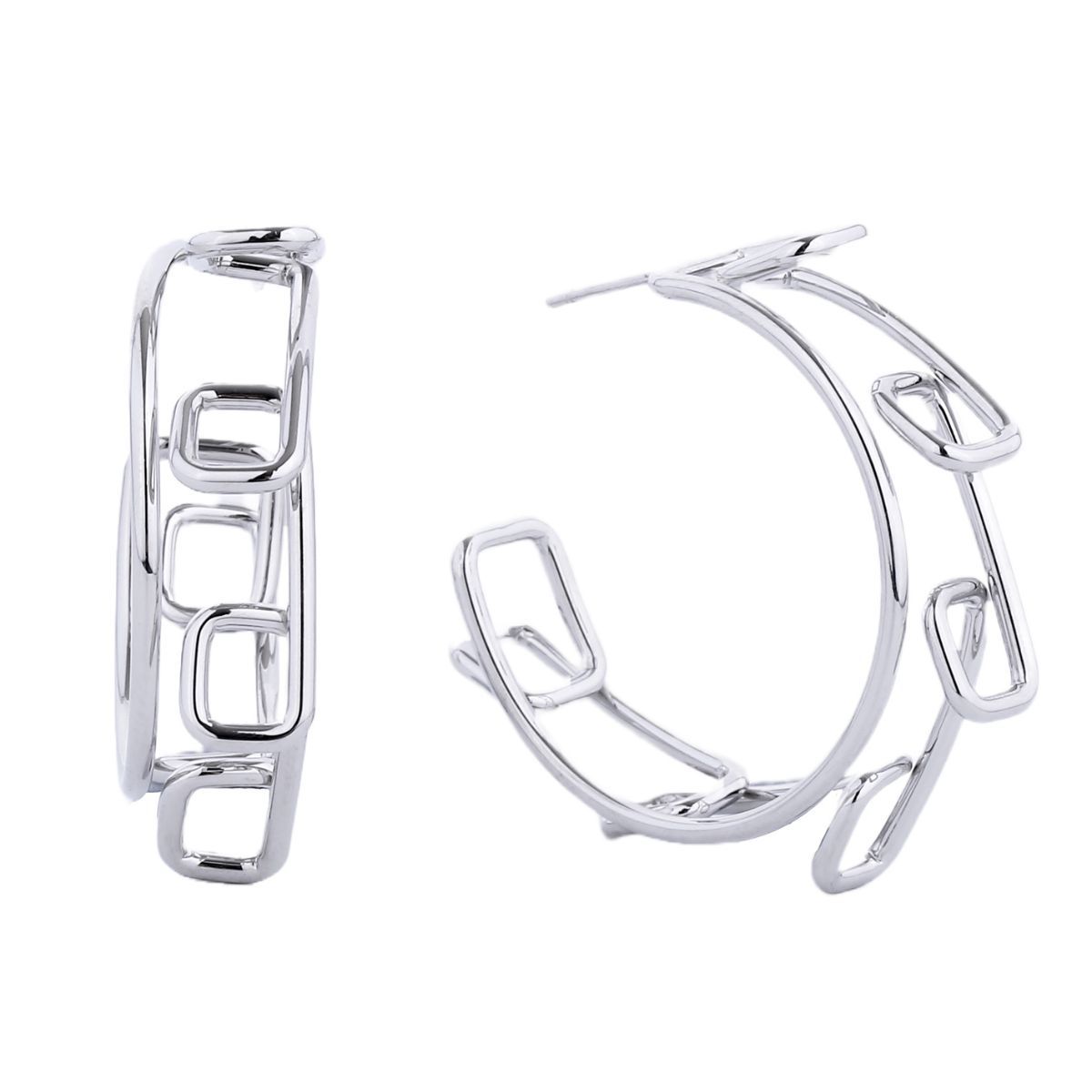 Hoop 14k White Gold Medium Geo Wire Earrings for Women