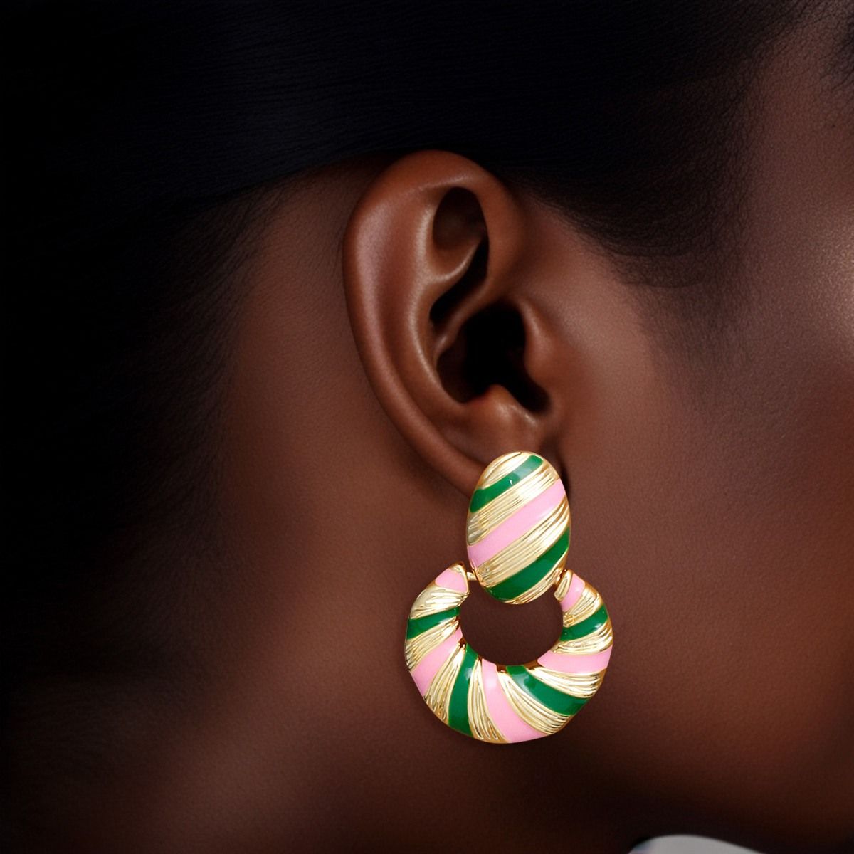 Drop 14K Gold Pink Green Stripe Twist Earrings