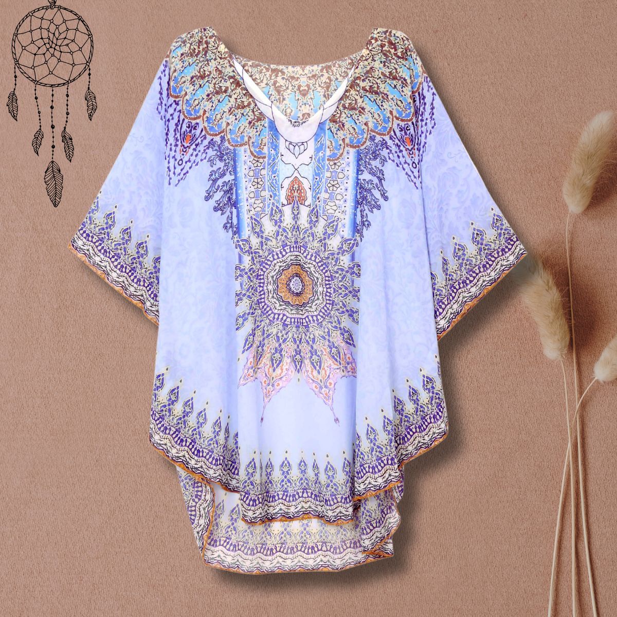 Blue Boho Print Poncho Top