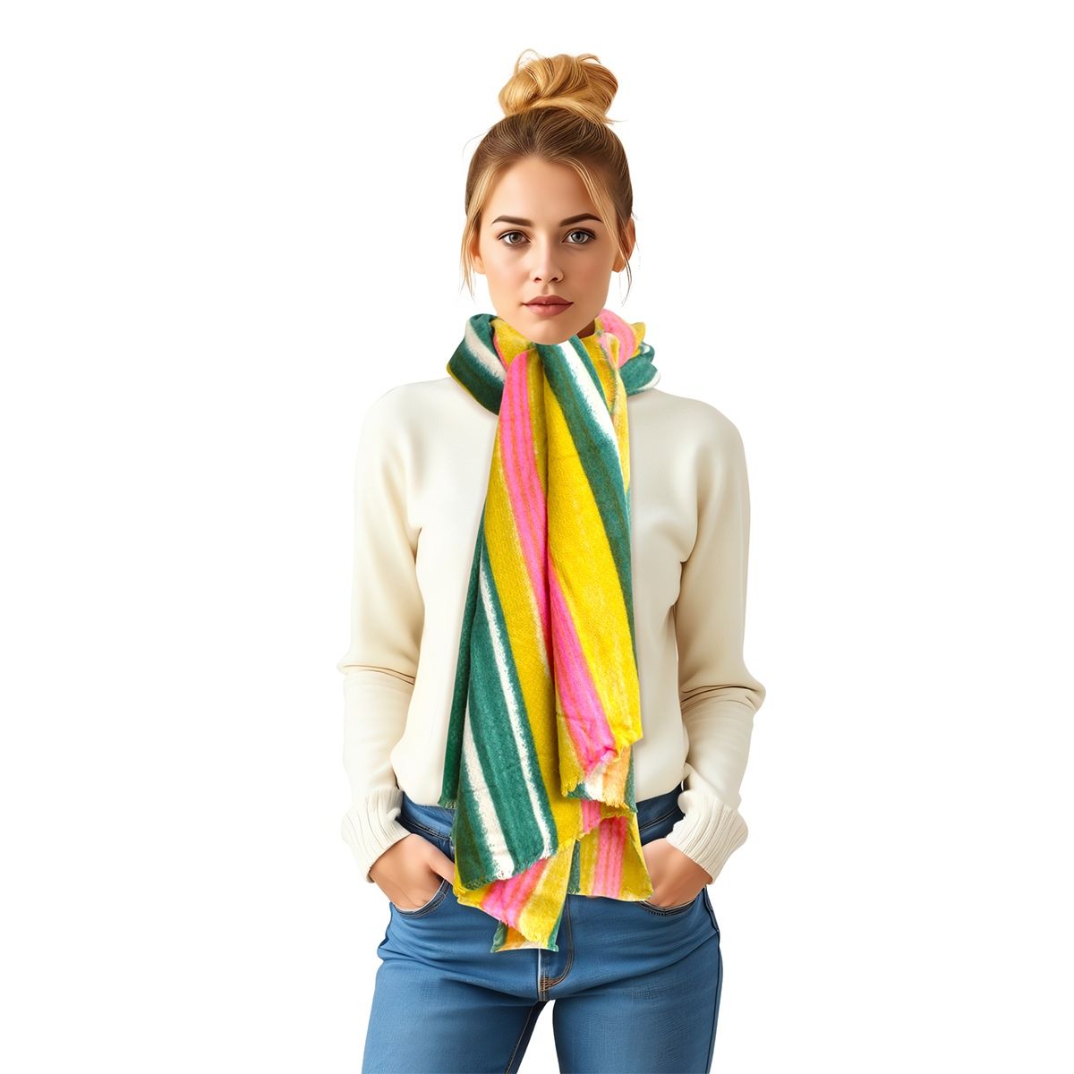 AKA Pink Green Yellow Striped Knit Scarf Women