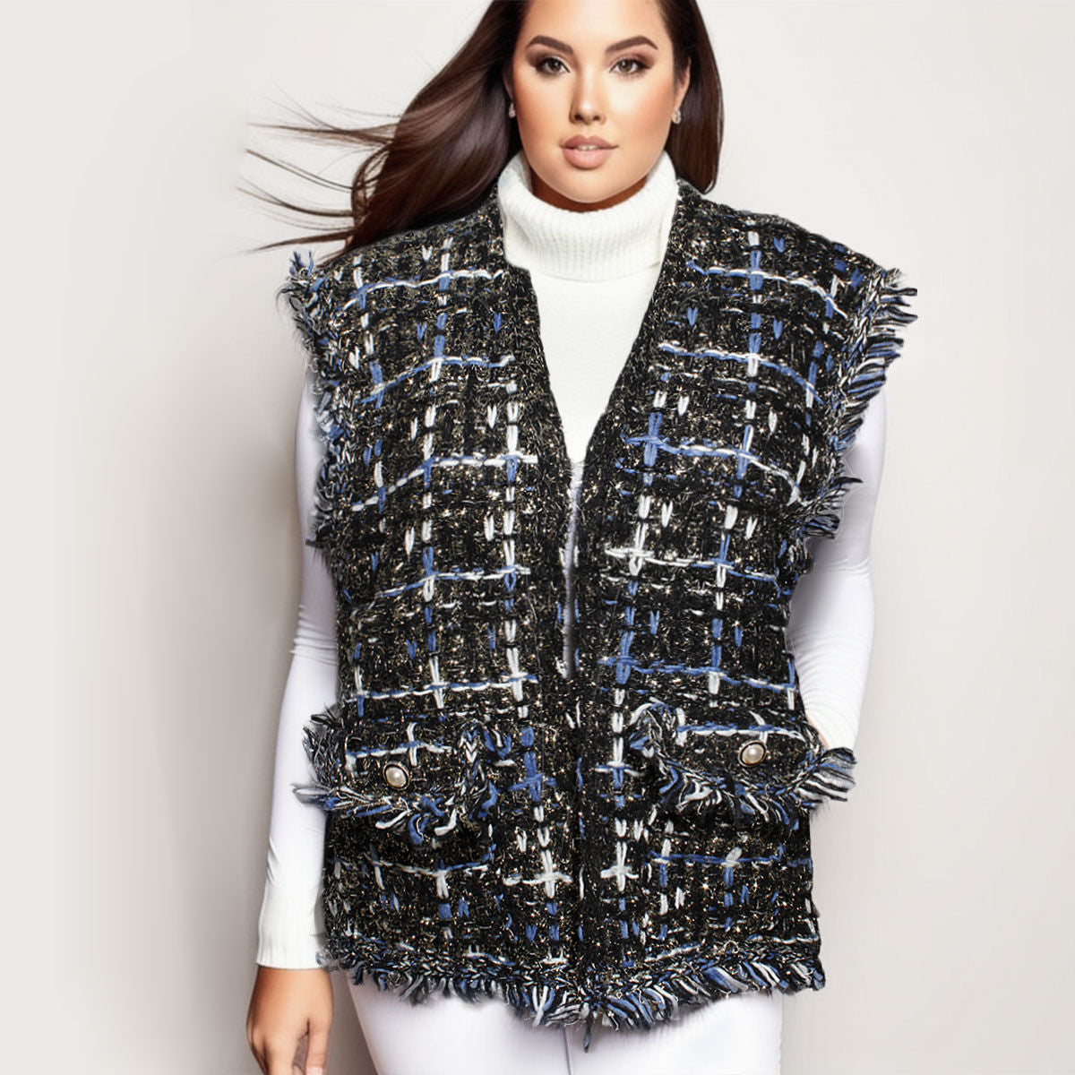 Silver Threaded Luxe Tweed Black Vest