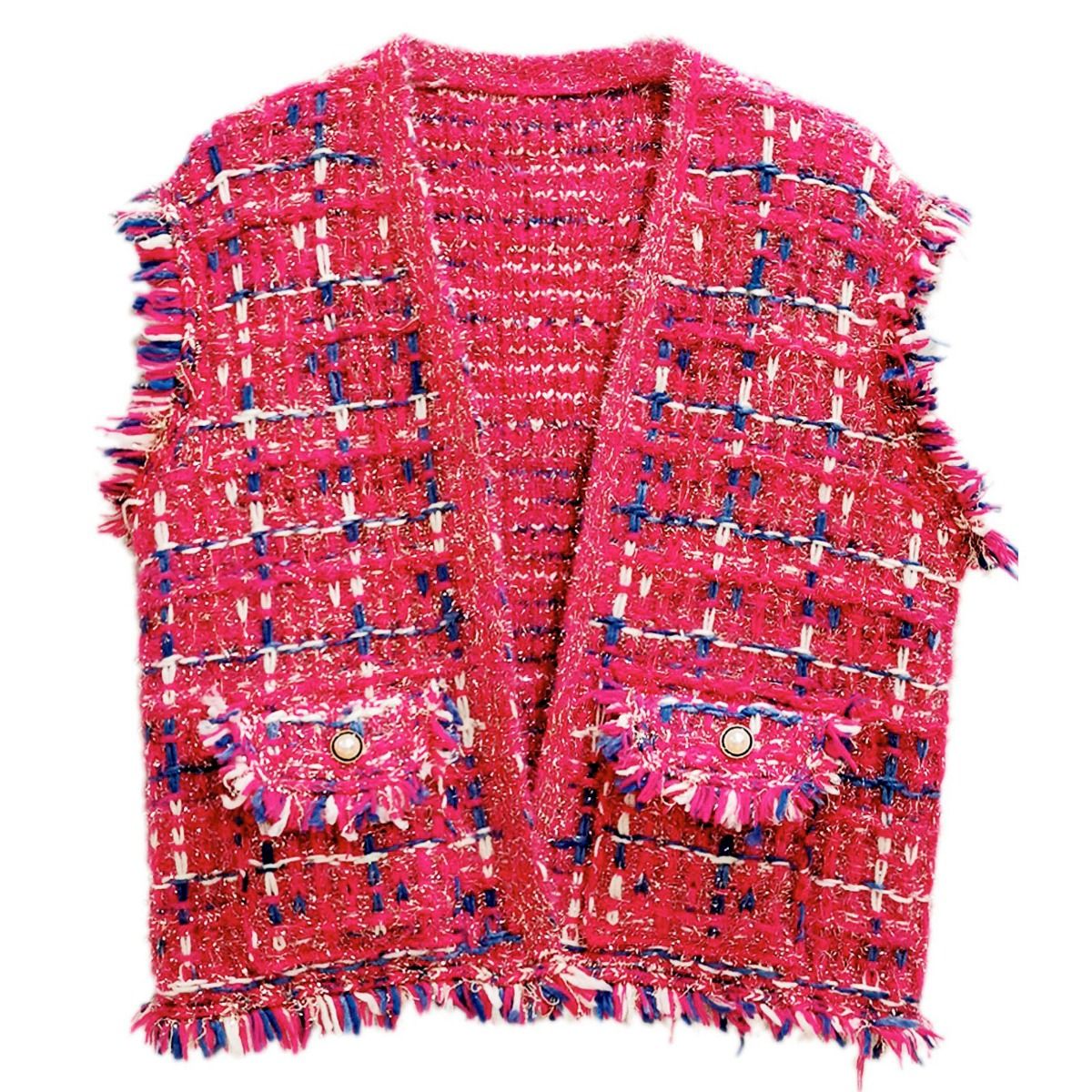 Silver Threaded Vest Luxe Plaid Tweed Pink Vest