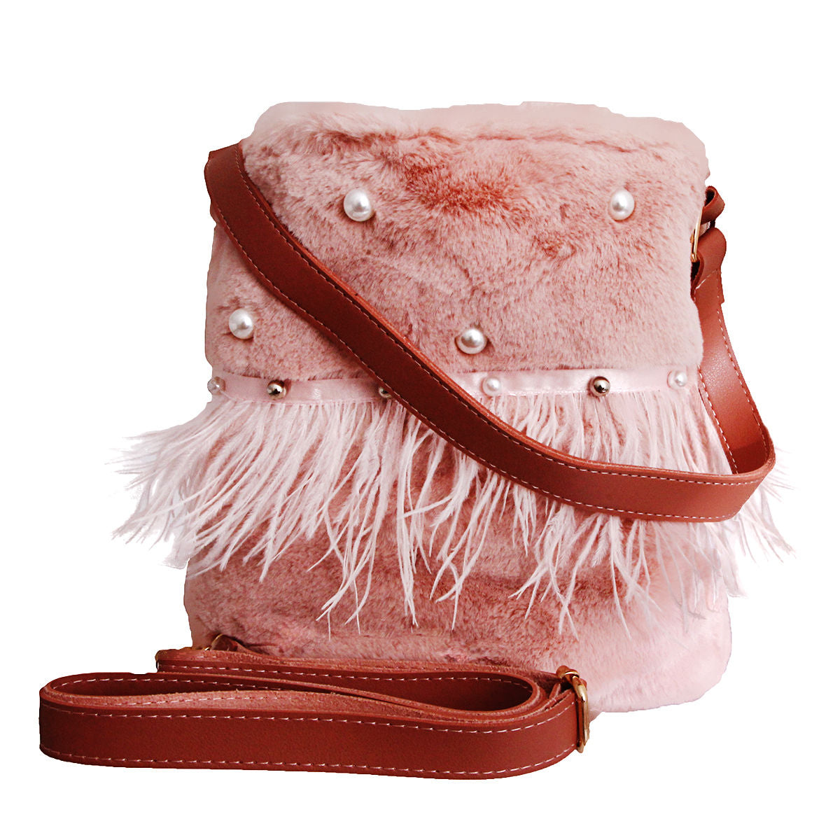 Mauve Fur Pearl Stud Bucket Bag