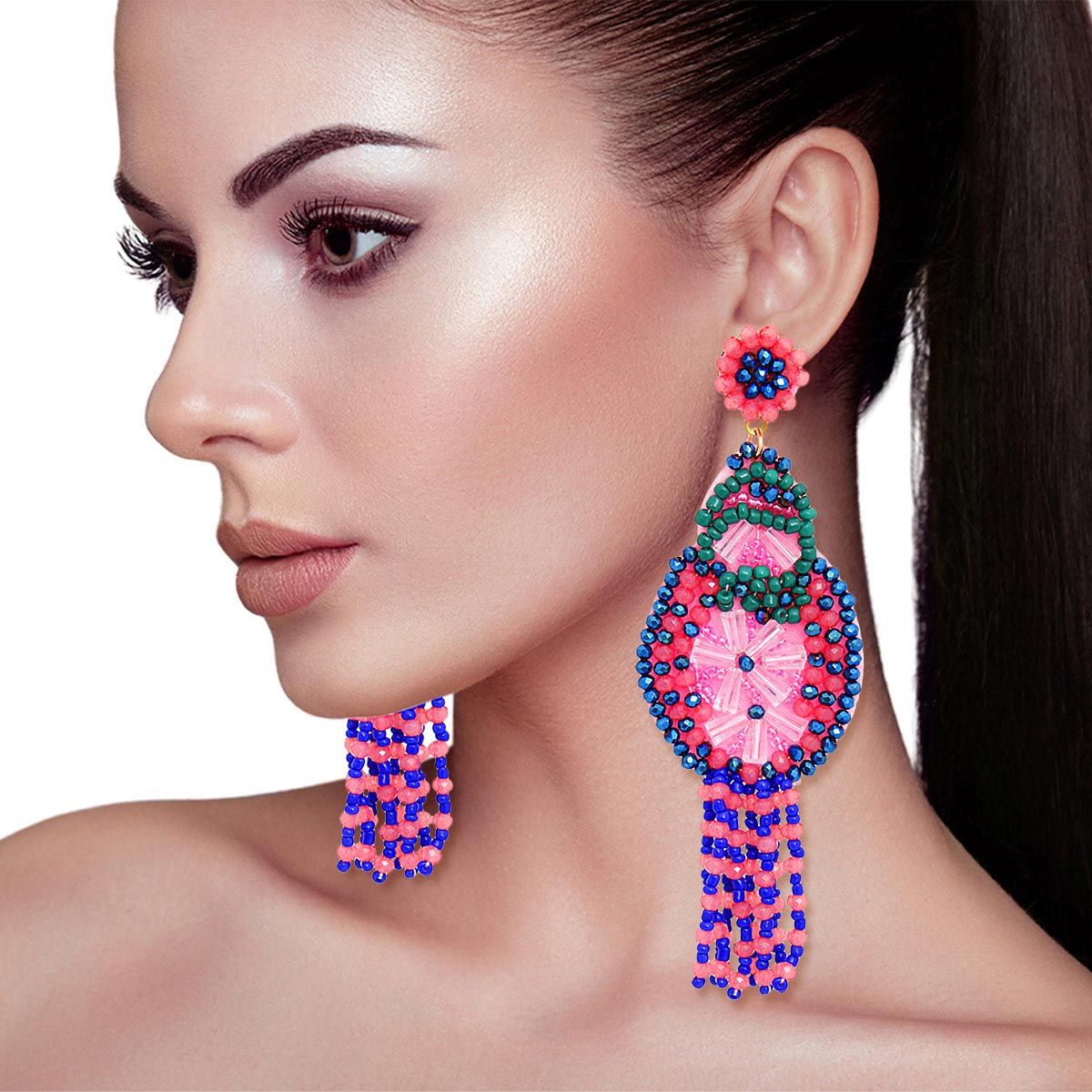 Tassel Pink Beaded Large Earrings for Women