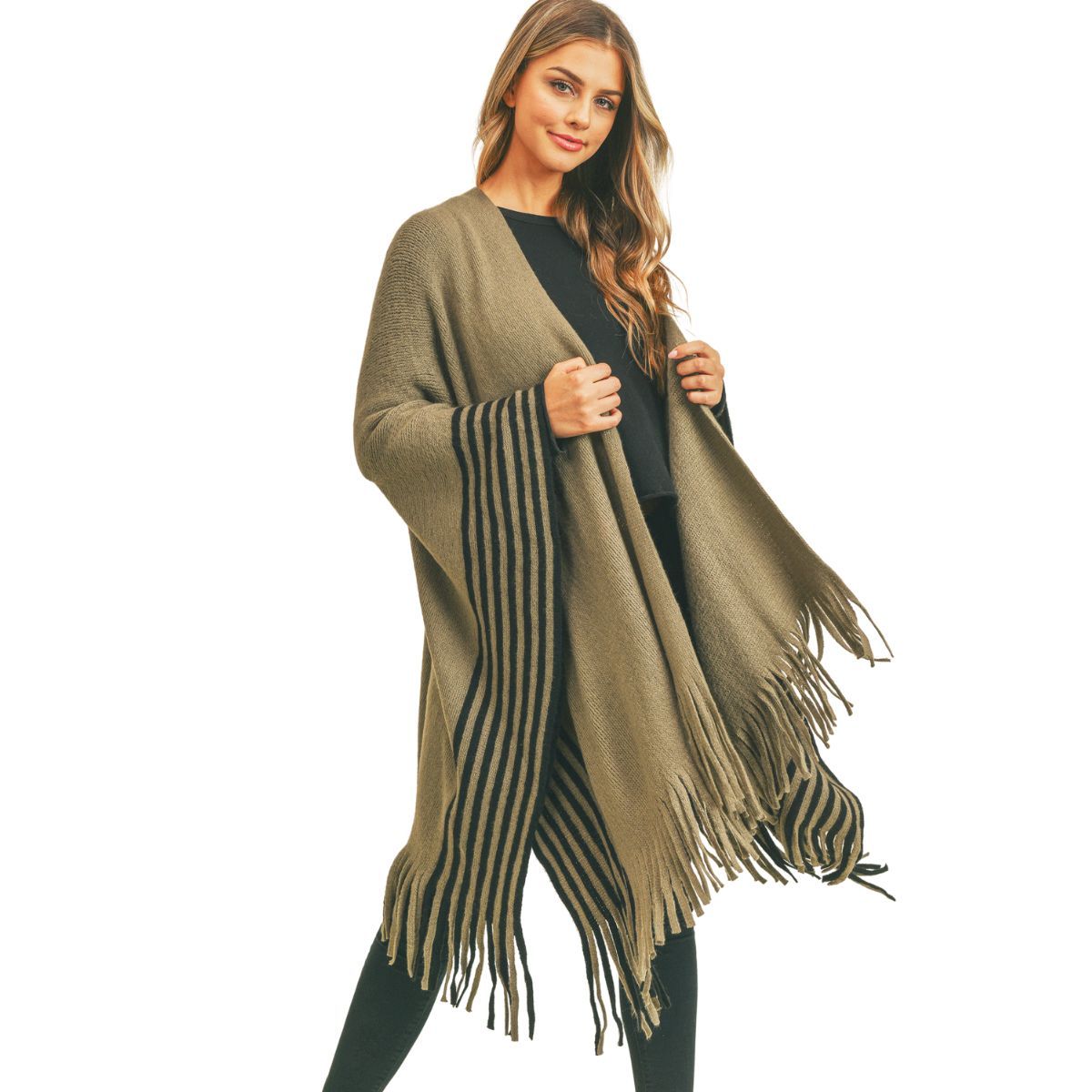 Olive Stripe Fringe Ruana