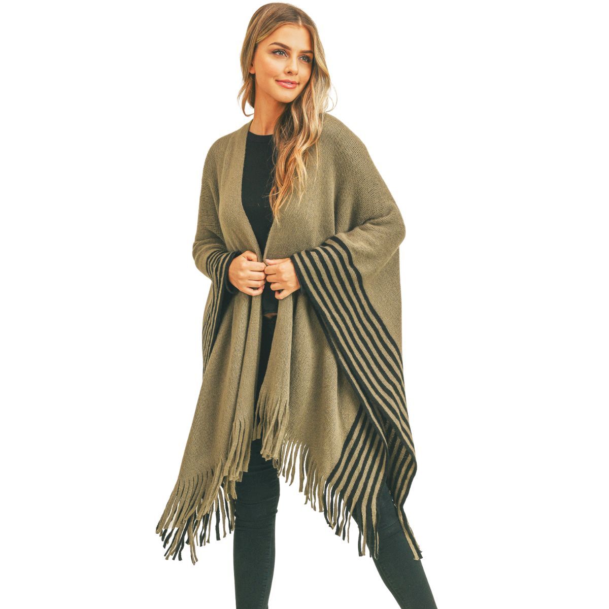 Olive Stripe Fringe Ruana