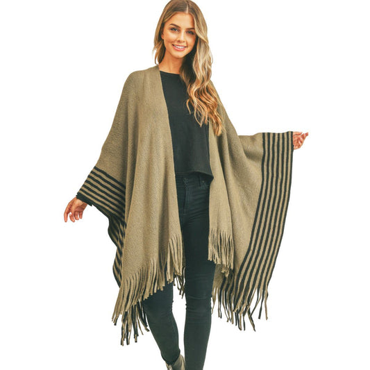 Olive Stripe Fringe Ruana