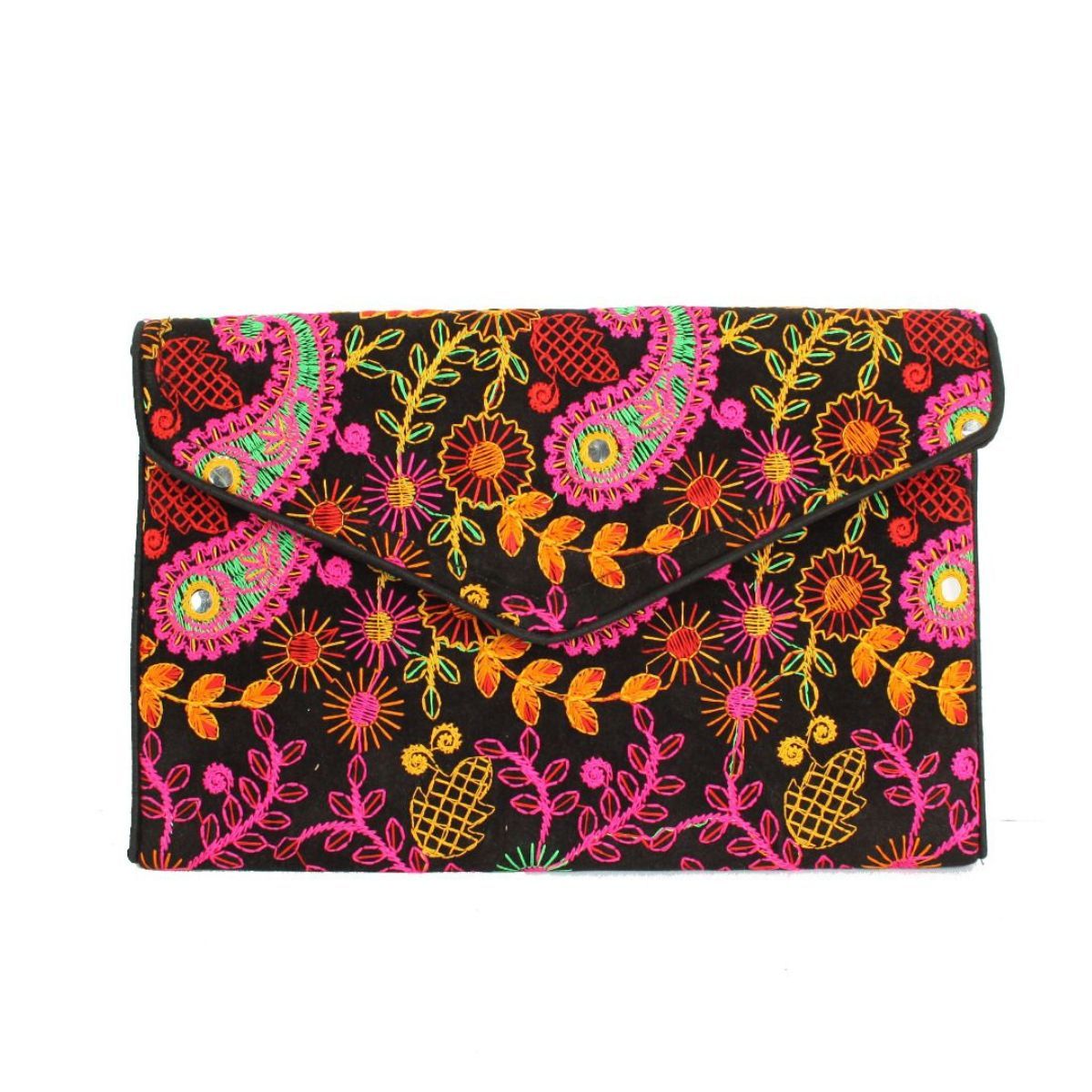 Black Embroidered Envelope Clutch