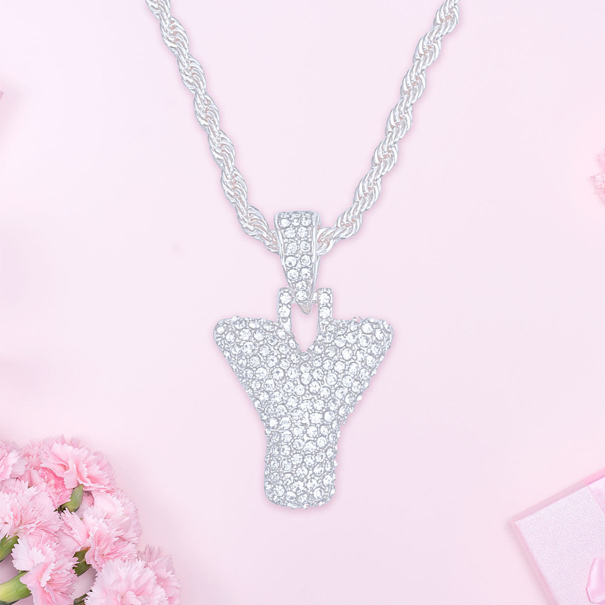 Y Rhinestone Silver Necklace