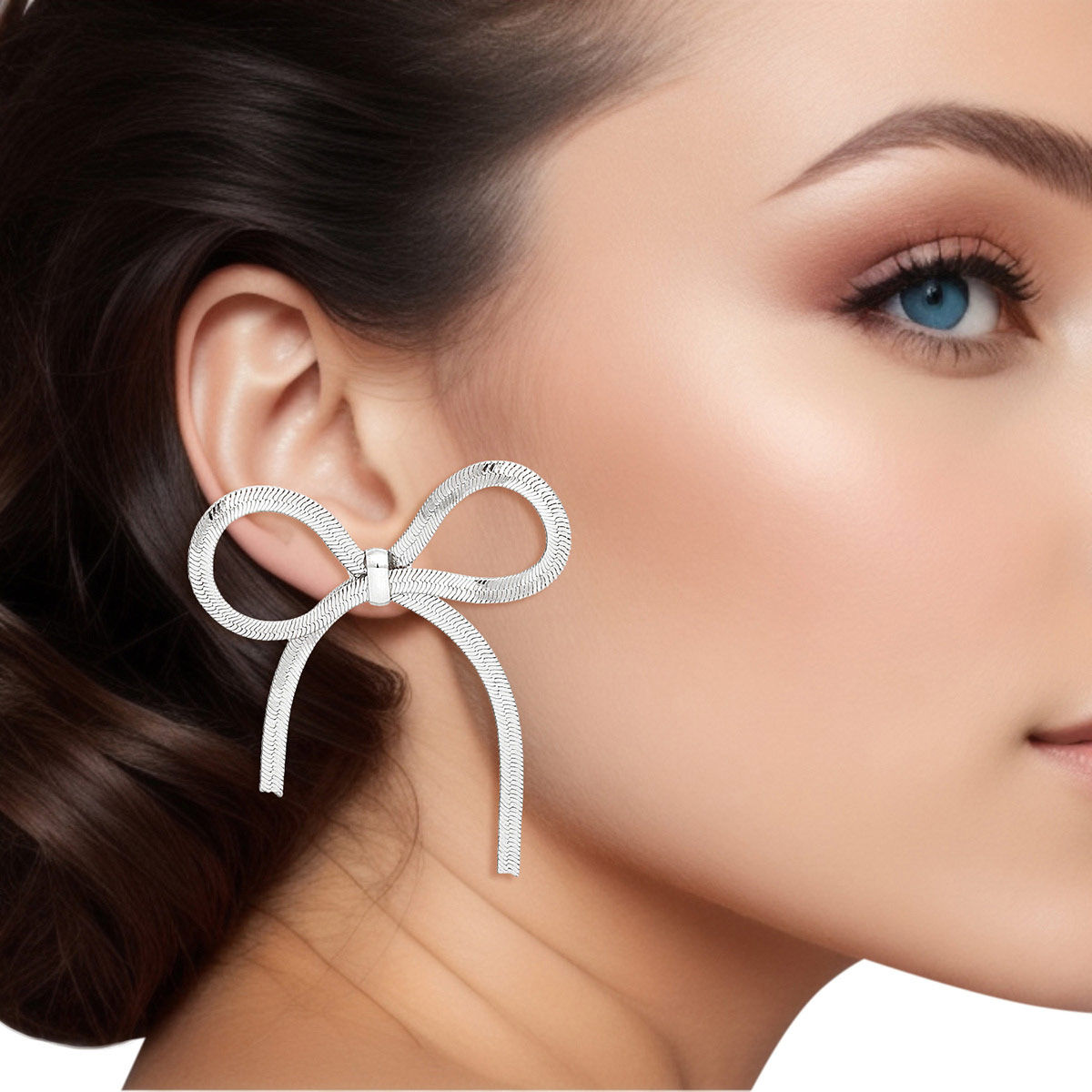 Studs Silver Herringbone Ribbon Bow Earrings Women