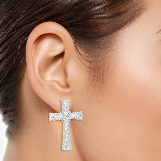 Stud Silver Cross Ridged Texture Earrings Women