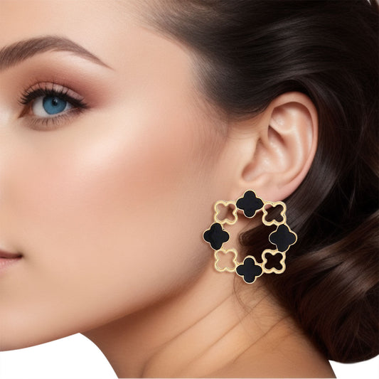 Stud Gold Clover Wreath Black Earrings for Women