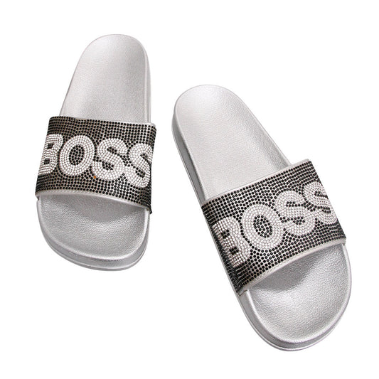 Size 11 Black BOSS Silver Slides