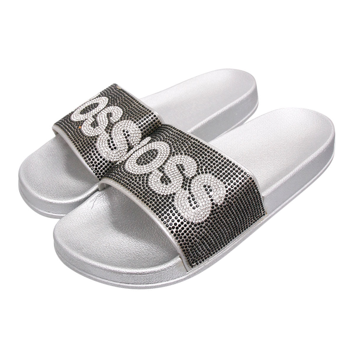 Size 10 Black BOSS Silver Slides