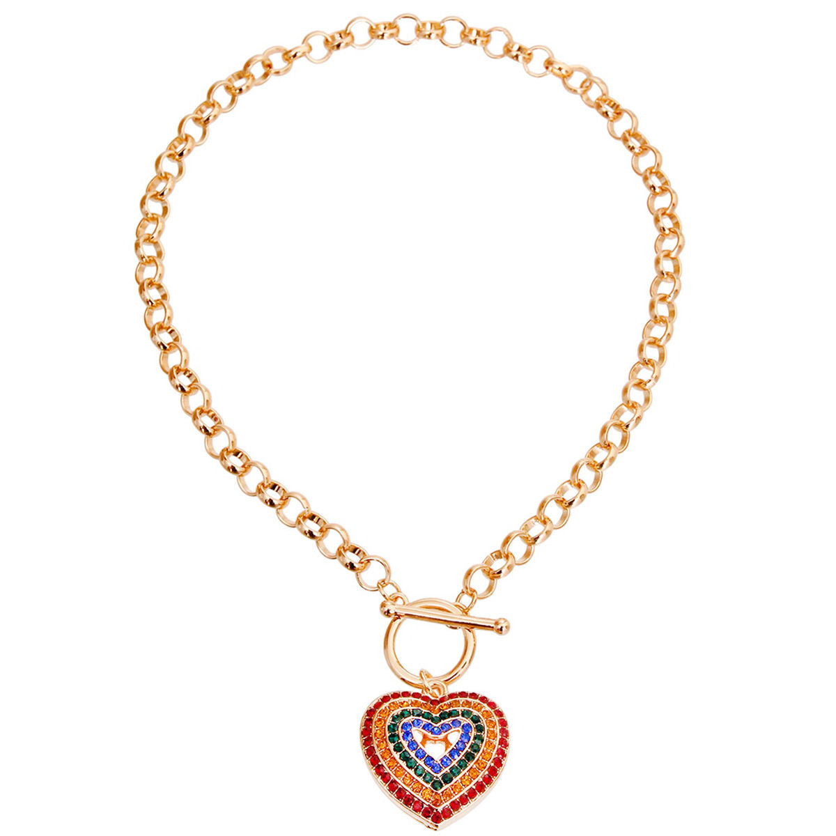 Round Link Multi Color Heart Toggle Necklace