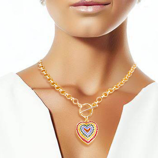 Round Link Multi Color Heart Toggle Necklace