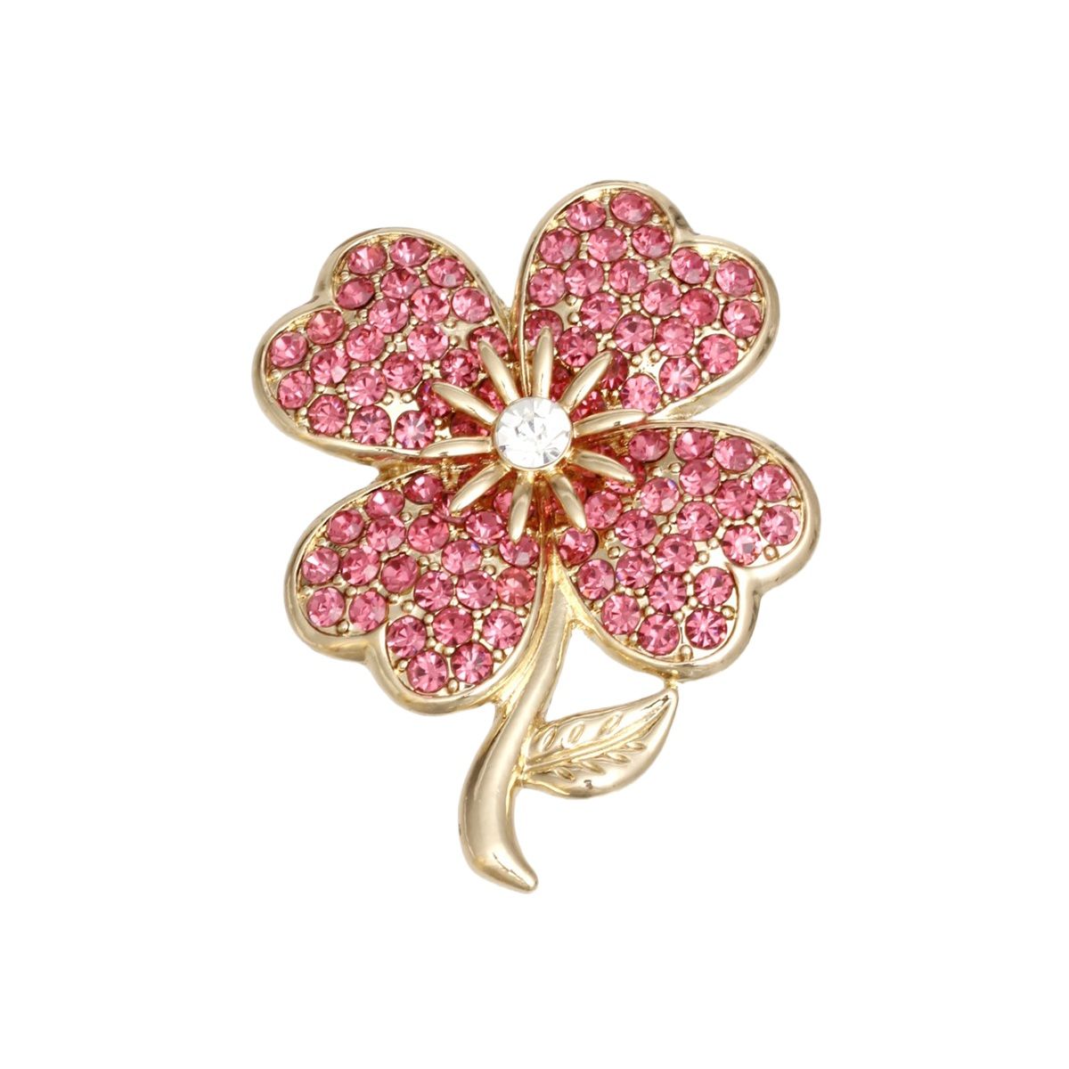 Brooch Gold Clover Heart Pink Stone Pin for Women