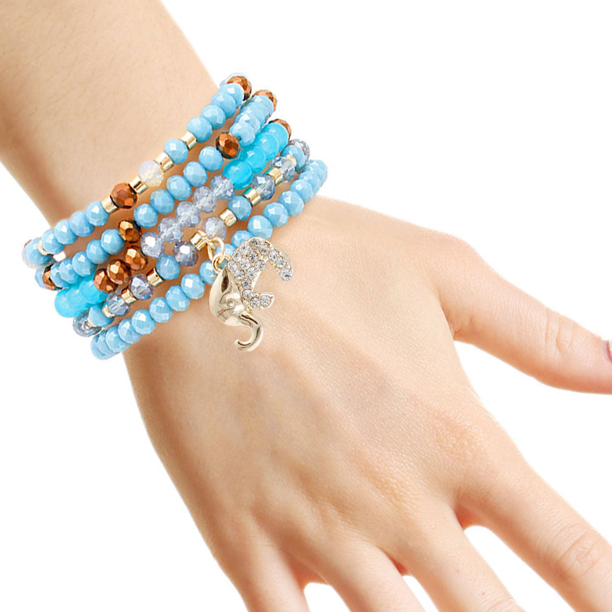 Light Blue Glass 5 Pcs Elephant Bracelets