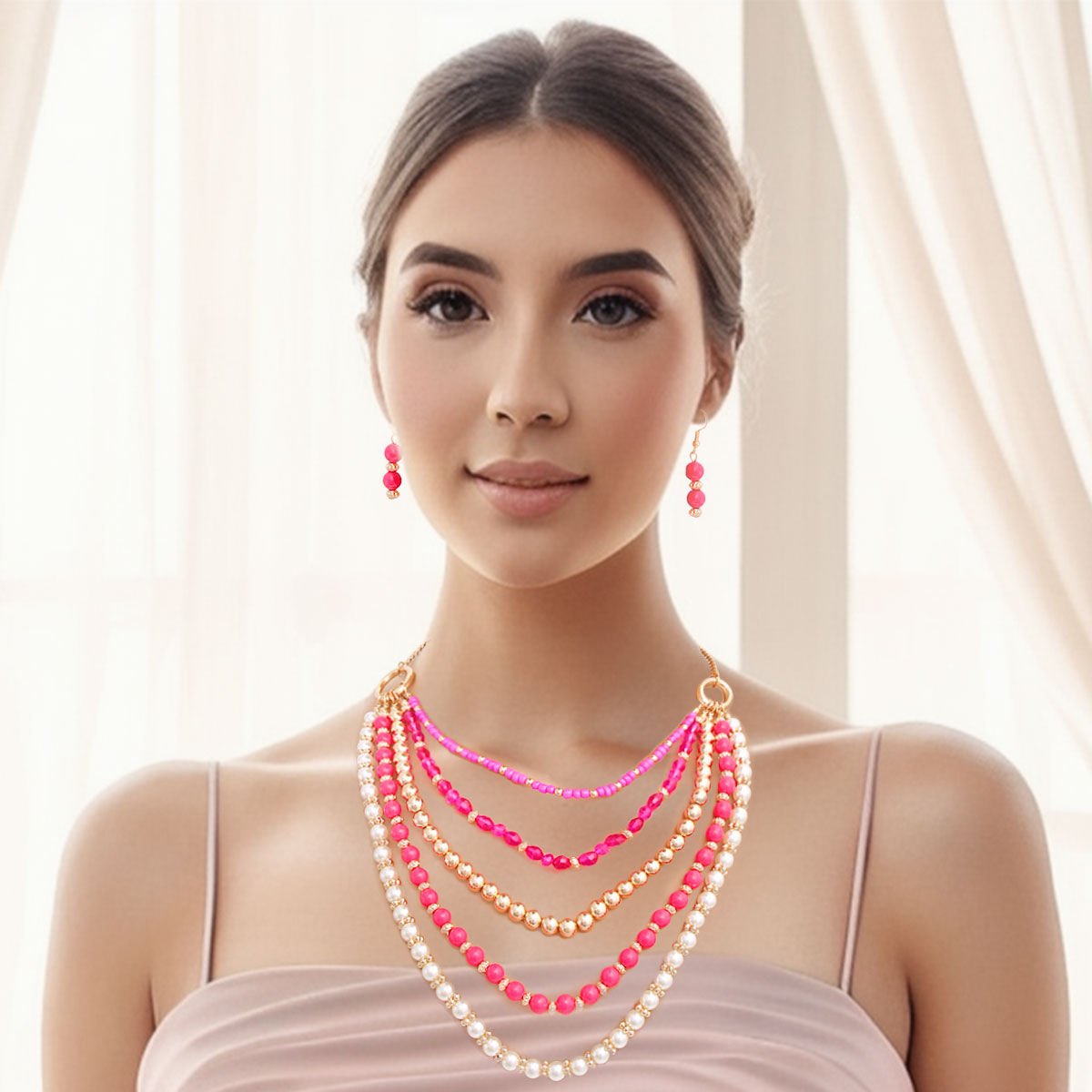 Fuchia Beads Pearl Necklace Set