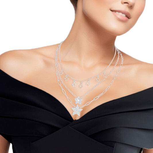 Silver 3 Layer Dainty Chain Star Necklace Set