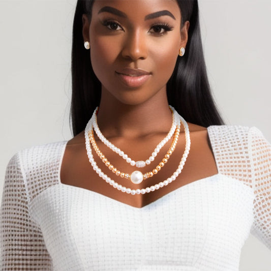 Cream and Gold Pearl 3 Strand Necklace Set