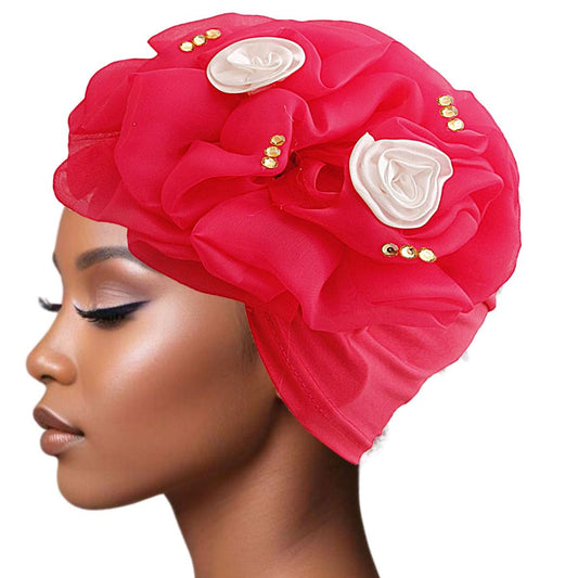 Turban Red Flower Rhinestone Hair Accessory