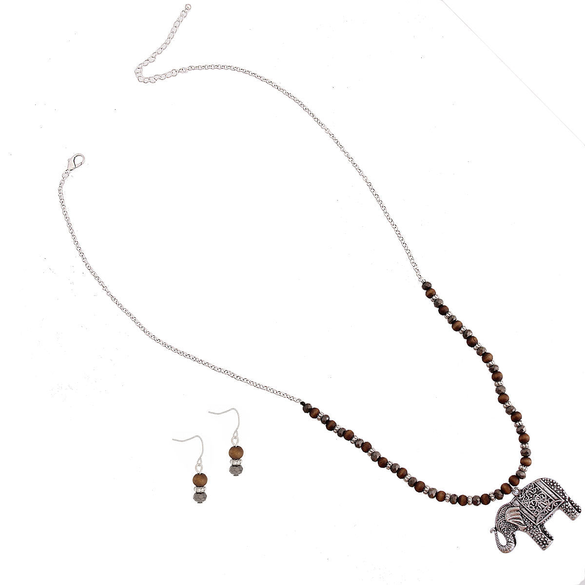 Brown Burnished Silver and Bead Elephant Necklace