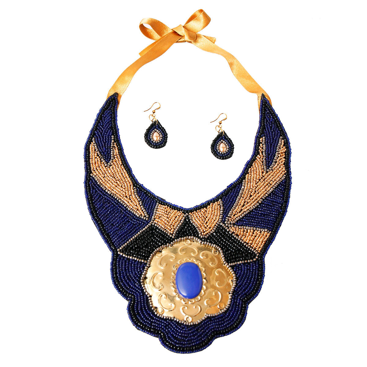 Blue & Gold Beaded Bib Set